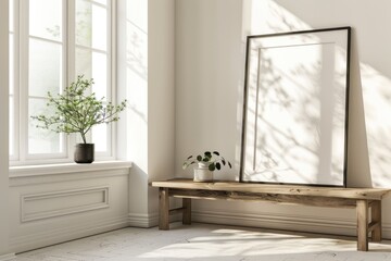 Minimalist Room with Blank Frame, Ready for Inspiration, White Room, Wooden Table, Sunlight