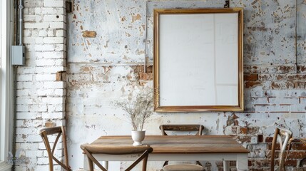 Blank Frame in Industrial-Inspired Room, Textured Background, Whitewashed Room, Rustic Table, Brick Wall