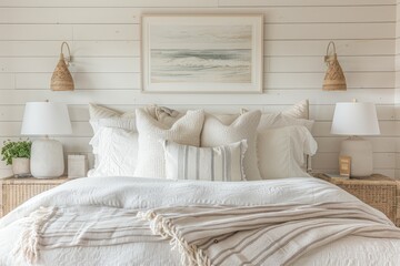 Empty Frame on Shiplap Wall in Coastal Bedroom