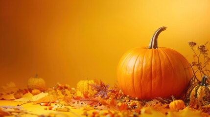 A Beautiful Pumpkin Amidst Falling Leaves - The Quintessence of Autumn