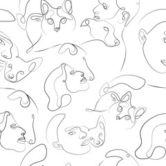 seamless pattern of various illustrations of people with their pets hugging their animals drawn in line art style, for logos, designs or posters