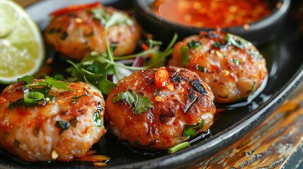Close-up of Delicious Thai Fish Cakes Served with Sweet Chili Sauce on a Plate
