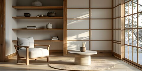 Fototapeta premium Creating a Simple Japandi Living Room with Wooden Shelves, Armchair, and Coffee Table. Concept Japandi Style, Cozy Armchair, Wooden Shelves, Coffee Table, Minimalist Decor