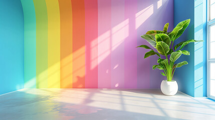 Bright rainbow modern minimalistic interior background wall mockup 3d render	
