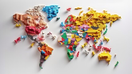 Obraz premium A world map made entirely of bricks, with each country built in different colors