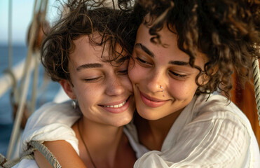 Fototapeta premium Saltwater Embrace: Two Women in Their Prime, With Contrasting Hair, Hug on a Weathered Sail Ship, Grinning in Pure Linen Under a Gentle Glow