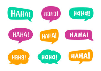 Haha laughing speech bubble sound effect different shapes collection. Cute speech balloon text lettering set vector illustration.