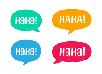 Haha laughing speech bubble sound effect different shapes collection. Cute speech balloon text lettering set vector illustration.