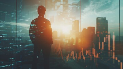 A businessman stands before a cityscape at sunset with financial data overlays, symbolizing modern business and technology.

