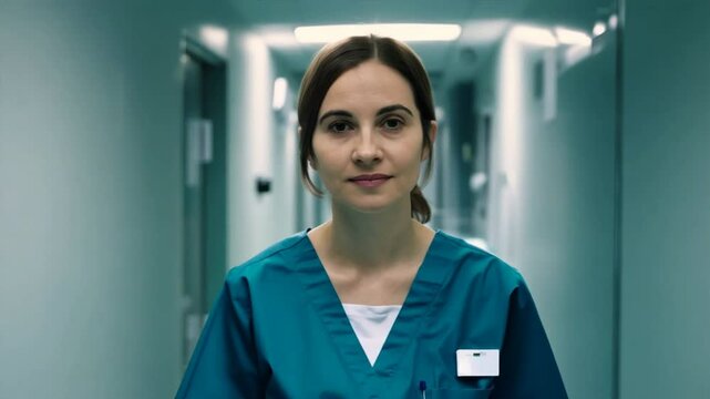 A nurse is walking in the hospital corridor.