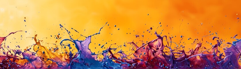 Naklejka premium Vibrant splashes of colorful paint burst against an orange background, creating a dynamic and energetic abstract composition. 