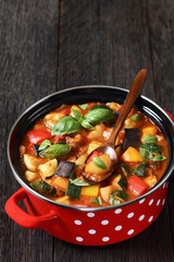 hearty italian vegetable stew in red pot, top view