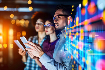 A diverse team of professionals collaborating on digital tablets, surrounded by vibrant data visualizations, illustrating modern technology, innovation, and teamwork in a high-tech business environmen