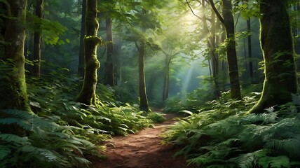 Fototapeta premium Serene Nature Forest Path with Lush Greenery and Dappled Sunlight