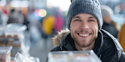 A young man volunteers at a table distributing donations to refugees. Concept Kind act, Volunteer work, Refugee support, Community involvement, Humanitarian aid
