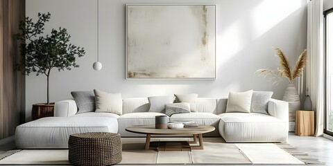 Modern Japandi Living Room Design Featuring White Couch Set and Abstract Wall Art. Concept Japandi Style, Modern Living Room, White Couch Set, Abstract Wall Art, Interior Design