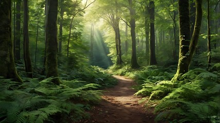 Serene Nature Forest Path with Lush Greenery and Dappled Sunlight