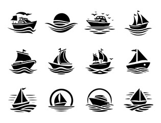 A collection of boat icons. including sailboats. yachts and speedboats