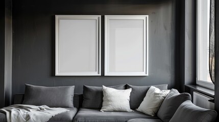 Overlapping White Frames on Charcoal Wall, Sophisticated Display, Overlapping White Frames, Charcoal Wall