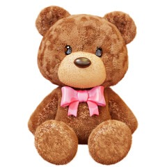 Brown Teddy Bear Doll, Cute Cartoon 3D Toy with Pink Bow. Happy Valentine's Day, Anniversary, Wedding, Love Concept.