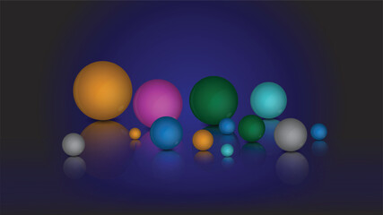 colorful glass ball background. Dark Blue background with rainbow glass balls. Minimal concept and soft light 3d ball wallpaper glass shadow.