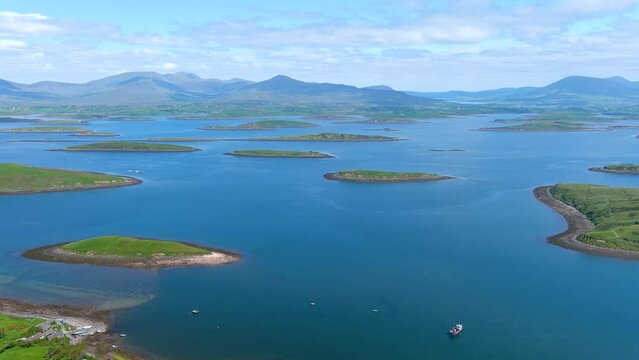 Aerial panorama of Clew Bay's archipelago of islands, partly drowned limestone drumlins formed by glacier. Aka Cuan Modha, one of nature's greatest spectacles when viewed from above. Co. Mayo, Ireland