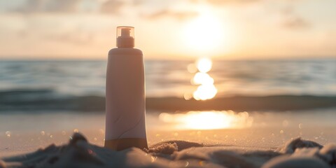 Sunset beach scene with sunscreen lotion for UV protection in mockup display. Concept Beach Scene Photoshoot, Sunscreen Lotion, UV Protection, Mockup Display