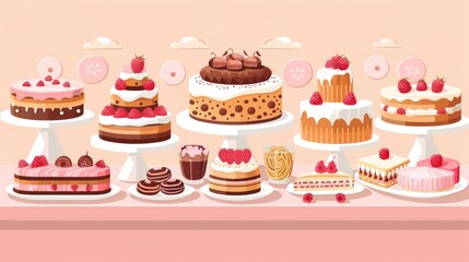 Flat design illustration of a dessert table with an assortment of cakes, pastries, and cookies. The vibrant colors and detailed presentation make it an attractive image for bakery promotions, food