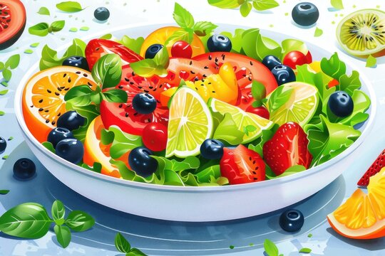 Illustration of a colorful salad bowl filled with fresh vegetables, fruits, and toppings. The flat design style emphasizes the freshness and variety of ingredients, making it perfect for healthy