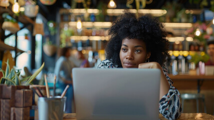 Cheerful woman working on a laptop in a modern cafe.