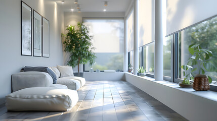 Fototapeta premium Interior roller blinds are installed in the living room, featuring white colored roller shades on the windows