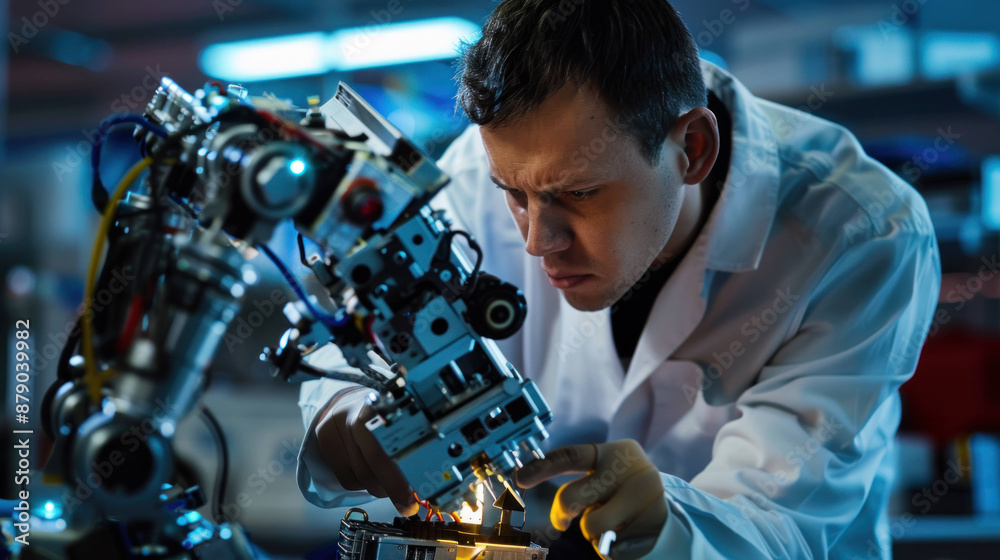 Poster High-Tech Robotics Engineer Assembling Advanced Robot in Laboratory