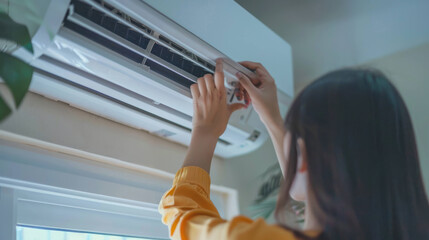 Obraz premium Woman Adjusting Airflow Direction on Cassette Air Conditioner Grille in Modern Home Setting
