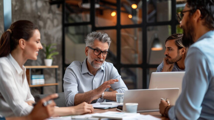 Fototapeta premium Collaborative Team of Colleagues Discussing Project in Modern Meeting Room