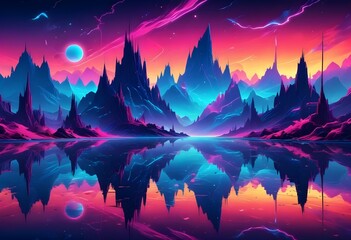A best-seller abstract wallpaper showcasing a fantastical neon landscape with reflections, perfect as a vibrant futuristic background