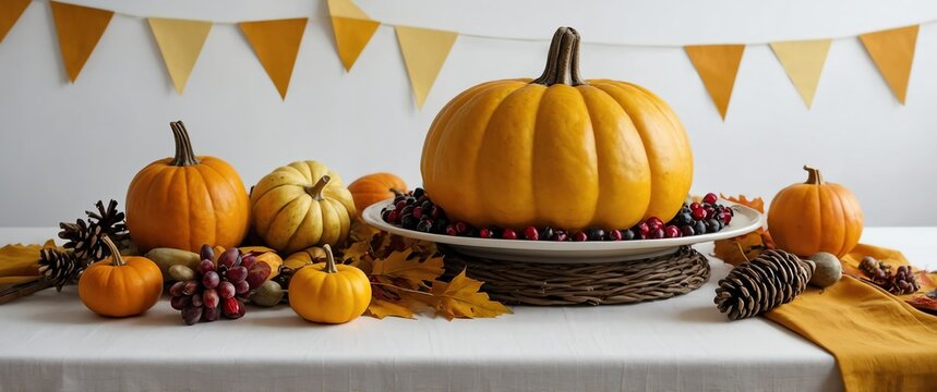 yellow theme thanksgiving holiday decor on plain white background for banner copy space
