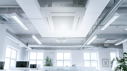 Ceiling mounted cassette type air conditioner and modern lamp light on white ceiling. duct air conditioner for home or office.