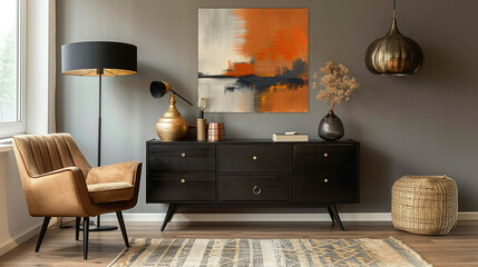 Rustic interior design of modern living room with black style furniture and abstract picture