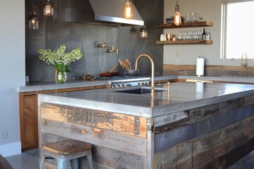 Rustic Reclaimed Wood Kitchen Island with Concrete Top and Industrial Sink, Blank Wall for Art Display