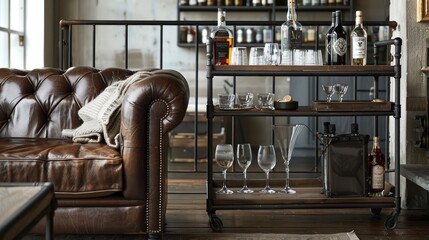 Modern Industrial Bar Cart Setup with Leather Sofa in Elegant Home Interior