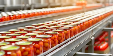 Enhanced production of canned goods and snacks through efficient automation in food processing plants. Concept Food Processing Automation, Canned Goods Efficiency, Snack Production Enhancement