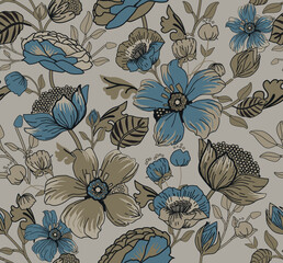 ПечатBig flowers. Seamless background with patterns and flowers in vintage style. For fabric, wallpaper, printingь