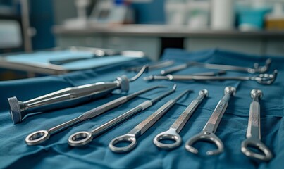 Sterile surgical instruments and devices for performing surgery on a light blue background. Medical surgical instruments on the background of the operating room. The concept of surgery, medicine