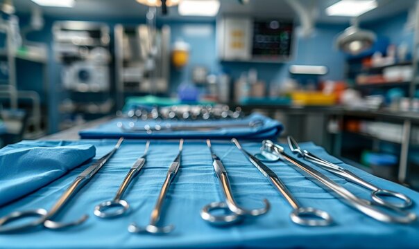 Sterile surgical instruments and devices for performing surgery on a light blue background. Medical surgical instruments on the background of the operating room. The concept of surgery, medicine