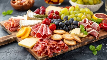 A luxurious charcuterie board with assorted cheeses, meats, nuts, fruits, and gourmet crackers, artfully arranged on a rustic wooden platter