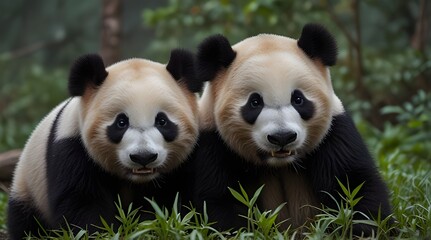 Fototapeta premium Two years aged young giant Pandas (Ailuropoda melanoleuca), Chengdu, Sichuan, China. generative.ai