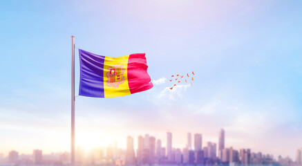 Andorra national flag waving with skyline and buildings. A beautiful view of flag with skyline.