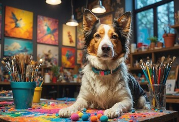 adorable dog sits confidently on a colorful table covered in paint splatters and vibrant art supplies. Surrounded by an array of paintbrushes and vibrant artworks on the walls.