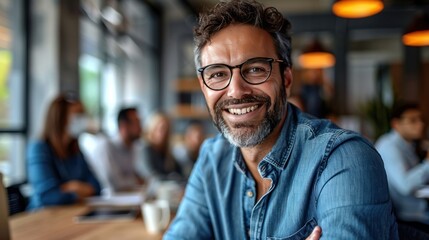 Fototapeta premium Smiling Man in a Denim Shirt
