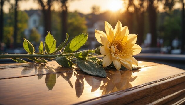 A solitary yellow flower on a coffin, symbolizing final farewell and love.